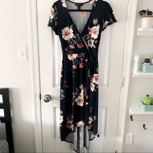 Navy Blue Floral  High-Low Faux Wrap Dress